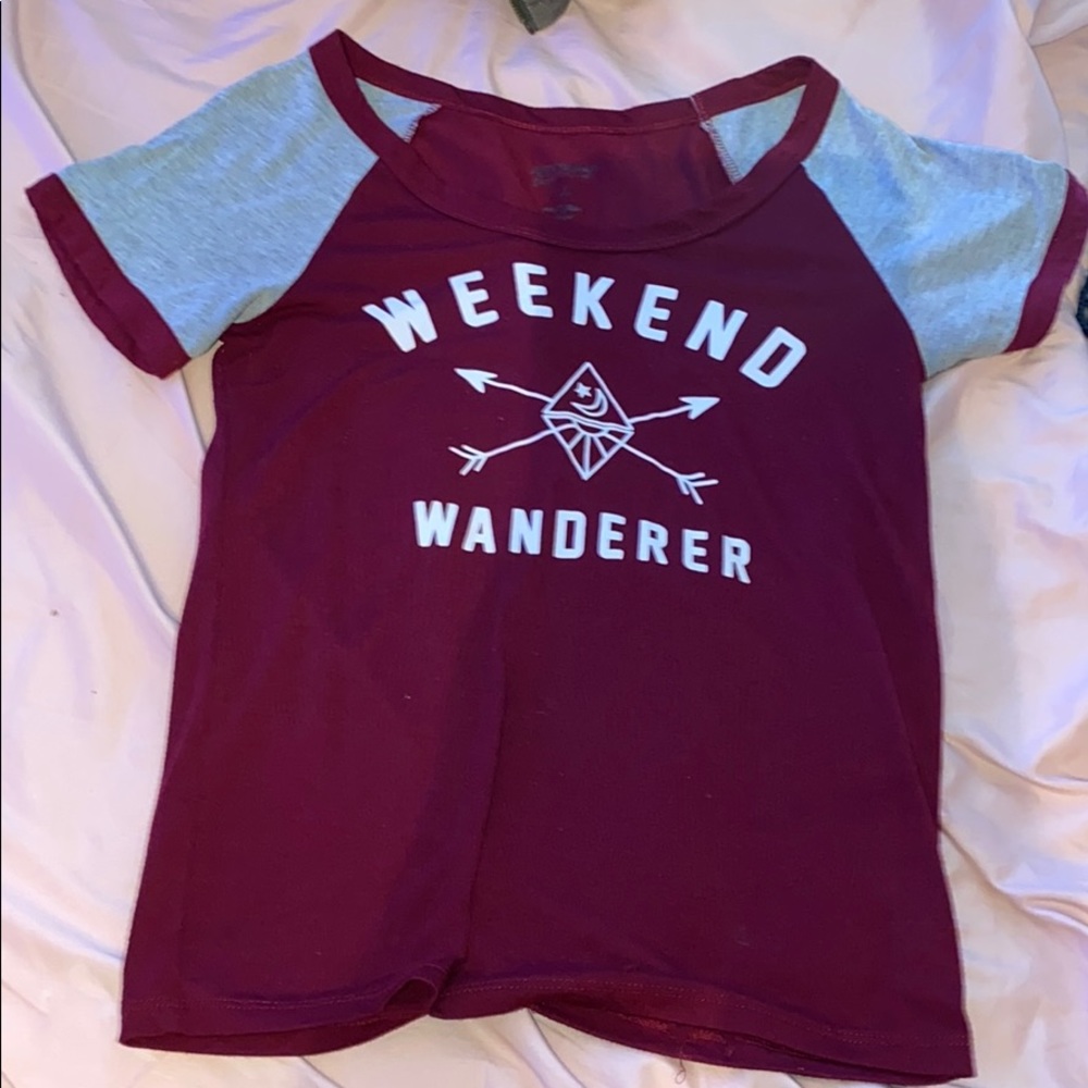 maroon/grey/white t-shirt